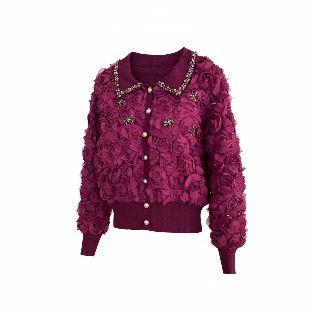 Yakası Taşlı Güllü İthal Hırka