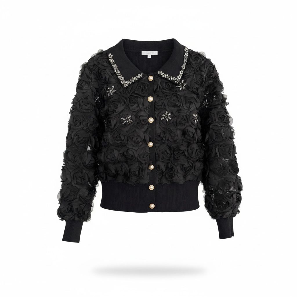 Yakası Taşlı Güllü İthal Hırka